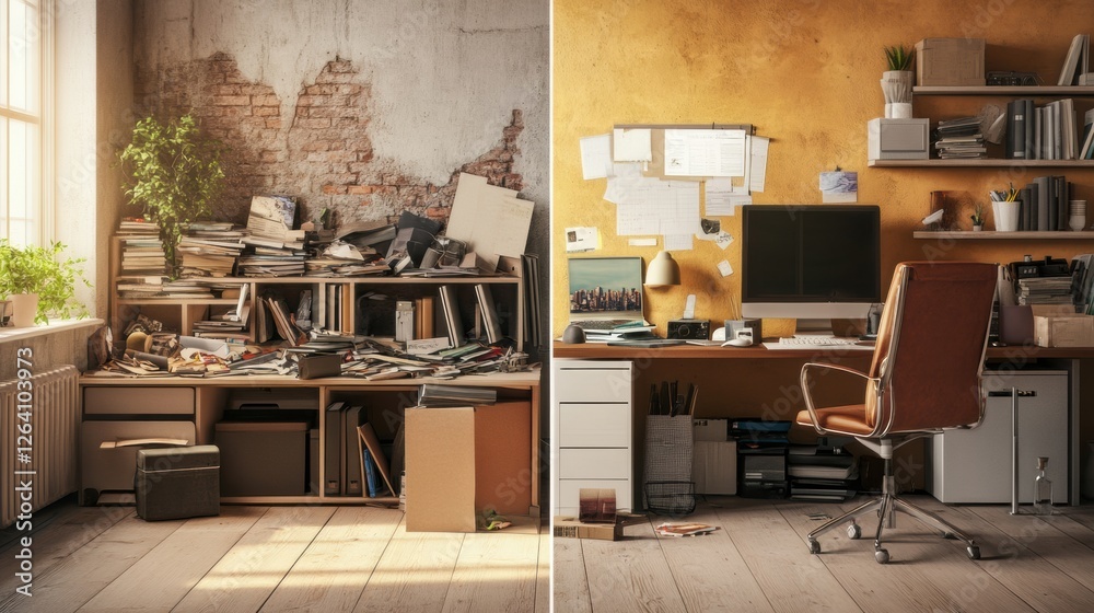 Poster split view showcasing contrasting environments of cluttered chaos and organized tranquility in an in