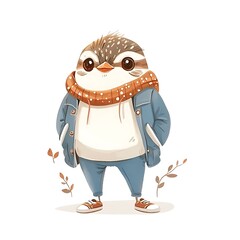 Naklejka premium Adorable Cartoon Bird in Denim Jacket and Scarf.