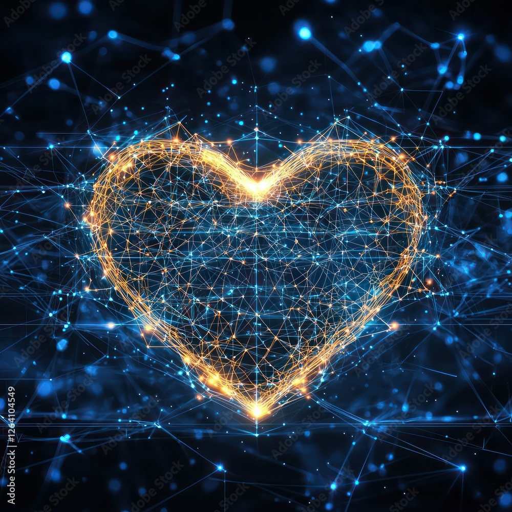 Poster heart-shaped glowing network for visualizing health data exchanges.
