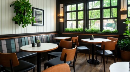 Cozy Indoor Café Setting with Modern Décor and Abundant Natural Light