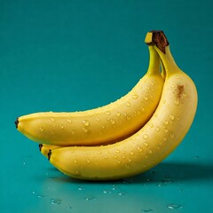 Fresh Ripe Bananas on Blue Background A vibrant still life of bananas with water droplets.