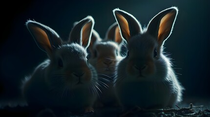 Fototapeta premium Dramatic cinematic style, strong moody lighting, low contrast, film-like composition and lighting, cute bunnies with soft features, detailed fur 