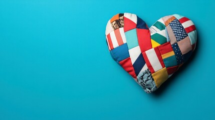 Obraz premium Colorful Quilted Heart on Blue Background Represents Love and Diversity in Culture