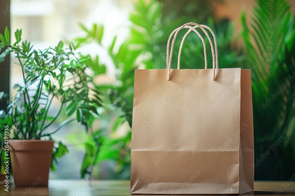 Poster eco friendly paper bag surrounded by green plants suitable for various uses and personalized messagi
