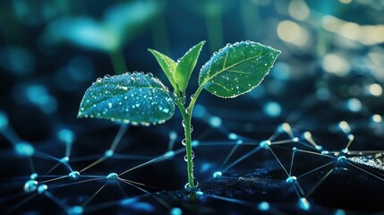 Sprout growing, network background, soil, dew, agriculture, technology, growth, future, concept, sustainability