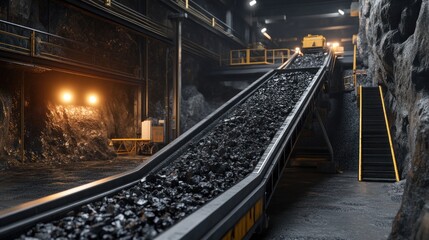 Obraz premium Underground coal conveyor transporting ore in mine