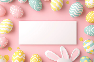 Happy Easter Pink Background with Decorated Eggs and Bunny Ears