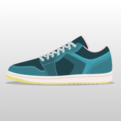 vector illustration of a stylish teal and dark blue sneaker with white laces and a white sole, highlighted by a pink inner lining and a light yellow outsole