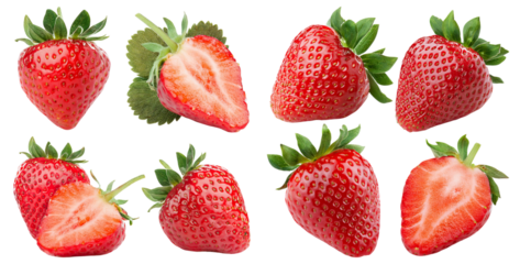 Fresh Red Strawberries Whole and Sliced on a White Background, isolated on transparent background