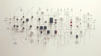 Naklejka premium A visually intricate representation of a digital network, featuring interconnected nodes and circuit lines on a light background, symbolizing data flow and technology. AI generated.