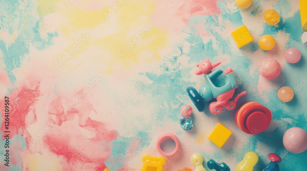 Poster colorful collection of vintage toys on a pastel background in a playful arrangement with various sha