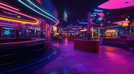 Retro arcade neon glow night interior
