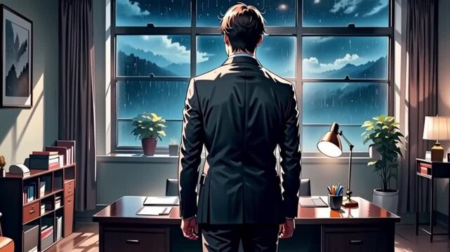 Back view of thoughtful Businessman standing in his office working late at night, looking out of the window as it rains contemplating his next big idea.