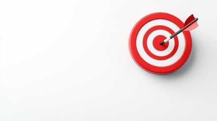 Red and white bullseye target with arrow hitting the center on a clean, white background for business concepts