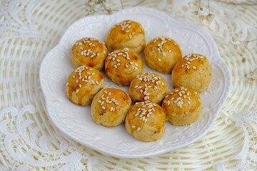 Popular peanut cookies in Malaysia during celebration of Eid Mubarak (Hari Raya) on white background.