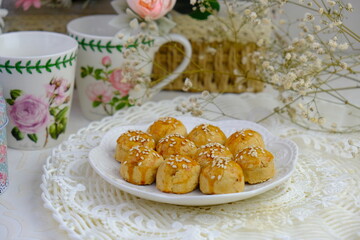 Popular peanut cookies in Malaysia during celebration of Eid Mubarak (Hari Raya) on white background.