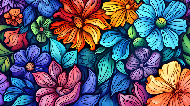 Vibrant floral pattern featuring a diverse array of colorful flowers and leaves against a dark background