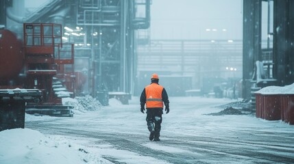 Worker walking snowy industrial plant, blizzard, safety