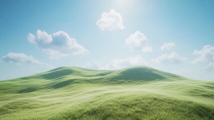 Fototapeta premium Sunny day, rolling green hills, blue sky, fluffy clouds, idyllic landscape, travel brochure