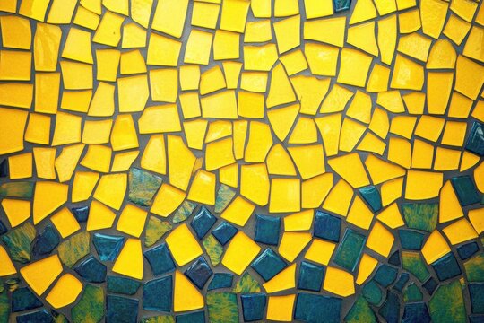 Yellow and blue ceramic mosaic tiles in a decorative pattern