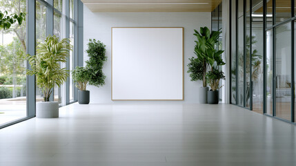 modern interior space featuring large windows, plants, and blank canvas