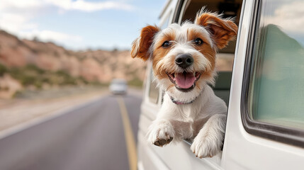 Happy dog peeking out of camper van window, enjoying road trip