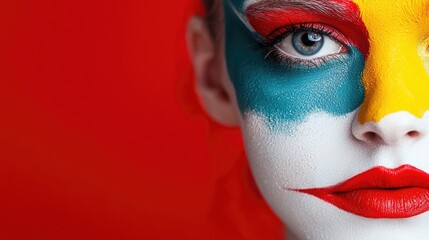 Obraz premium Woman, colorful face paint, red background, art portrait