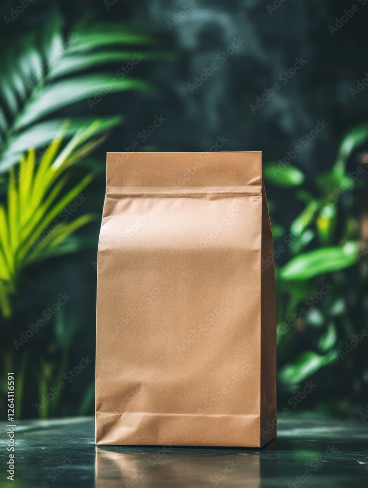 Poster eco friendly paper bag displayed with vibrant green plants in a natural environment for text or bran