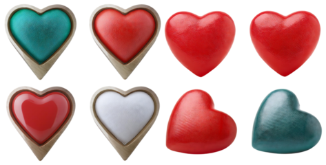 Colorful Heart Designs in Various Textures and Shapes for Decoration, isolated on transparent background