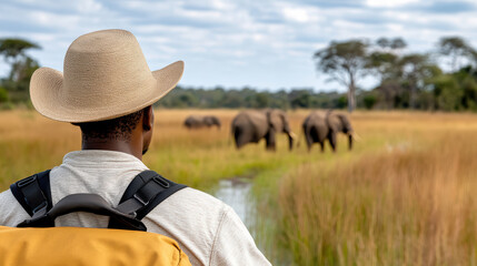 person observing elephants in natural habitat, promoting wildlife conservation