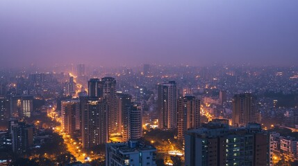 Obraz premium Cityscape twilight aerial view, hazy skyline, urban sprawl, night lights, cityscape background