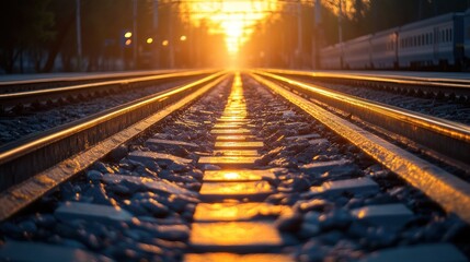 Obraz premium Sunset Train Tracks Railroad Journey Departure Dusk