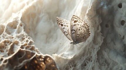 Butterfly resting on porous rock, sunlit background, nature scene, peaceful imagery