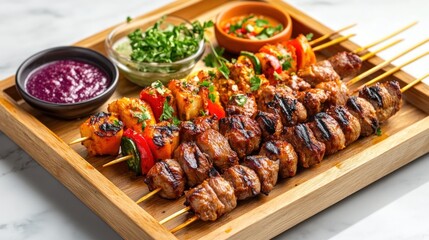 Grilled skewers, sauces, platter, restaurant, food photography, menu