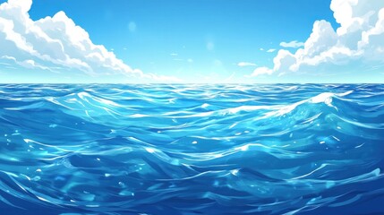 Calm ocean waves under sunny sky, background for game design