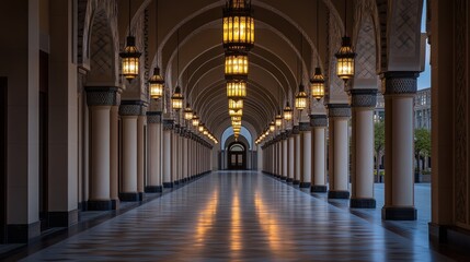 Illuminated arcade pathway, grand building, morning light, Middle East, architectural design