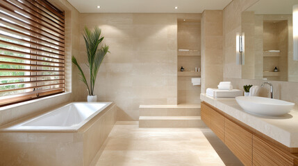 Fototapeta premium Minimalist bathroom with stone tiles, wooden accents, and natural light