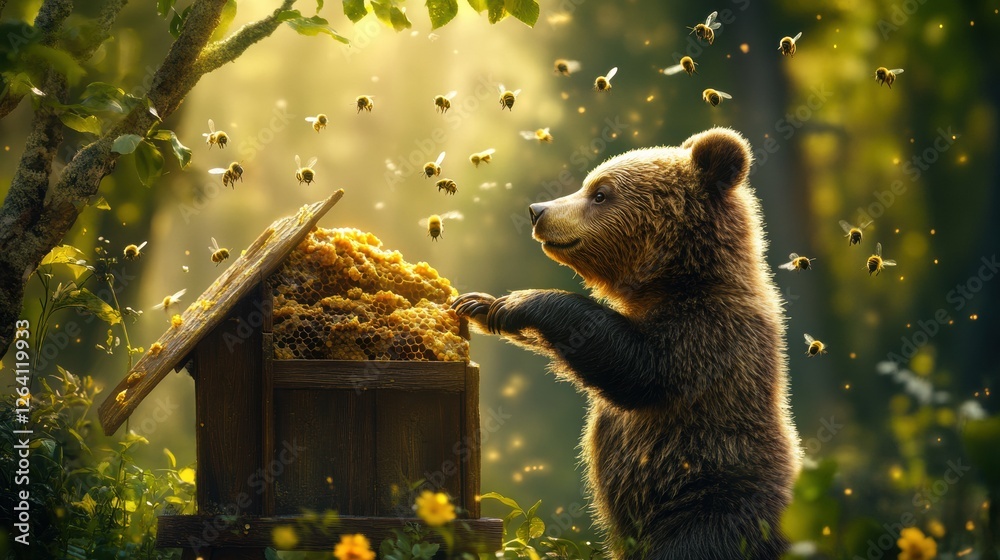 Poster Cute bear exploring a hive filled with honey while bees buzz around in a sunlit forest setting. Generative AI
