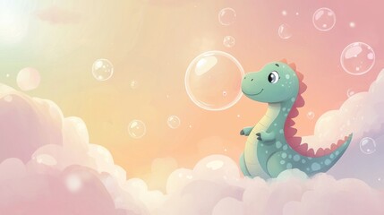 Obraz premium Cute Cartoon Dinosaur Blowing Bubbles in a Dreamy Cloud Scene