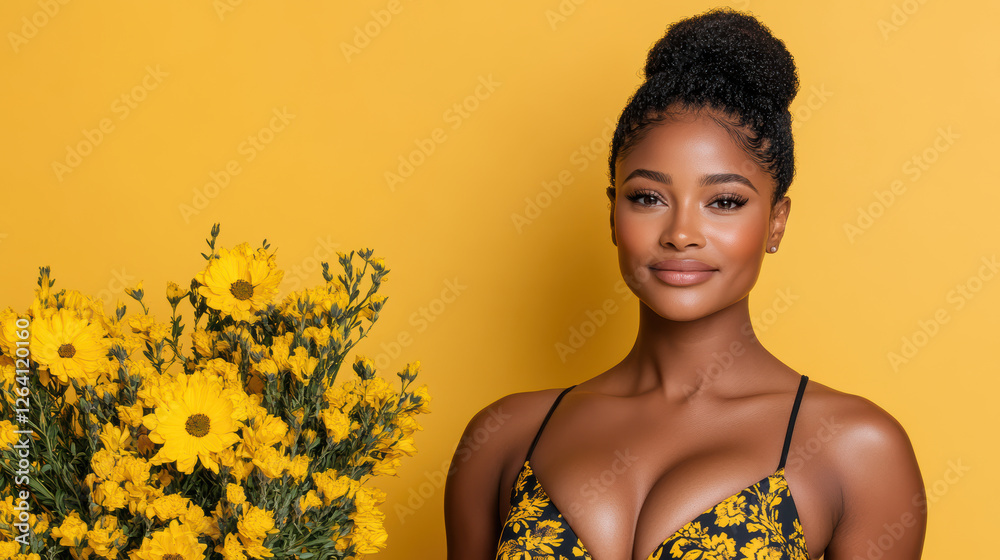 Wall mural confident woman poses with bouquet of yellow flowers against bright background