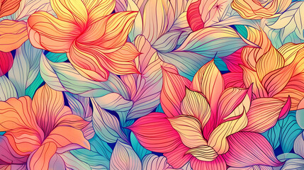 Fototapeta premium Vibrant floral pattern with colorful leaves and petals creating a lively, artistic background