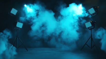 Blue-lit studio stage, smoke, lights, photography, videography, backdrop