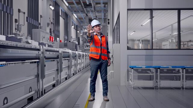 Full Body Of Asian Male Engineer With Safety Helmet Disapproving With No Hand Sign While Standing At Pharmaceutical Factory, Vaccine Production Facility