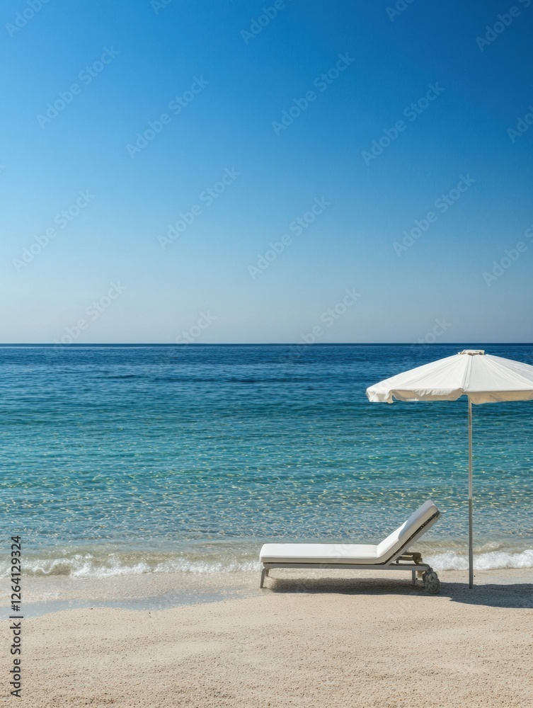 Poster relaxing beach getaway with a lounge chair and umbrella on calm ocean waves under a clear blue sky f
