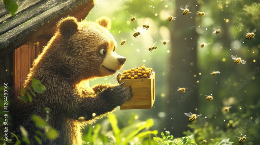 Aufkleber Curious bear exploring a wooden box filled with honey in a lush forest setting during sunny daytime. Generative AI