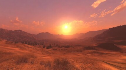 Naklejka premium Desert sunset landscape, mountains, plains, sun, clouds, game background, website