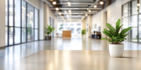 Fototapeta premium Abstract light bokeh in blurred open space office with green plants modern business environment relaxed