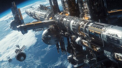 Advanced space station orbits Earth, featuring high-tech control center background wallpaper AI generated image