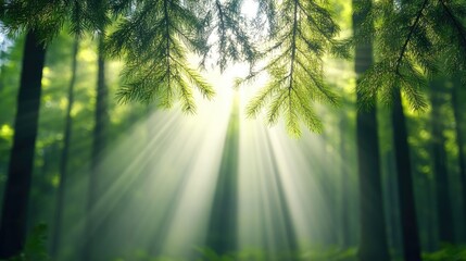 Fototapeta premium Sunlight filtering through lush green forest canopy, creating a serene, enchanting atmosphere
