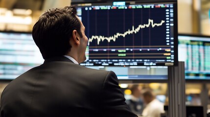 Fototapeta premium Businessman happily watching stock prices rise on a monitor in a financial office symbolizing investment success